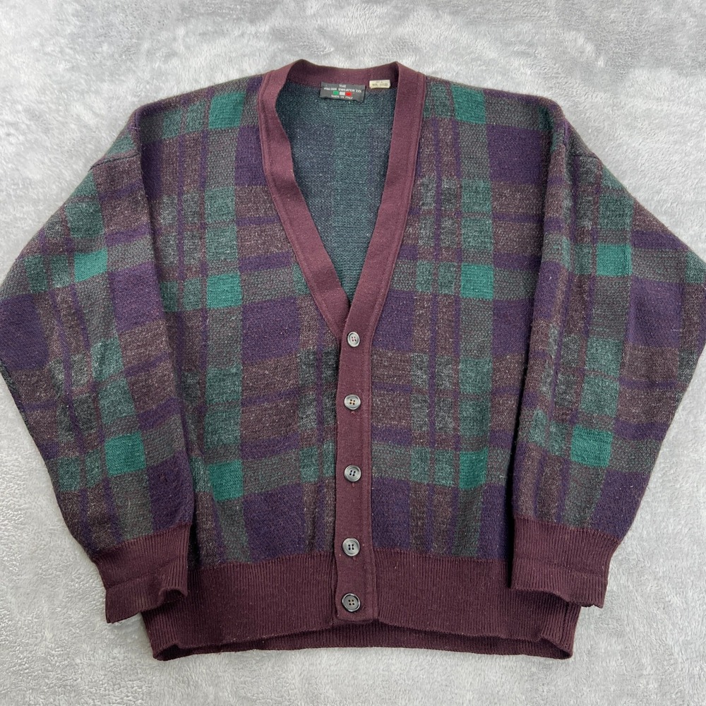 VTG Italian Sweater Co Plaid Wool Cardigan L Purple 90s Grunge Made in Italy